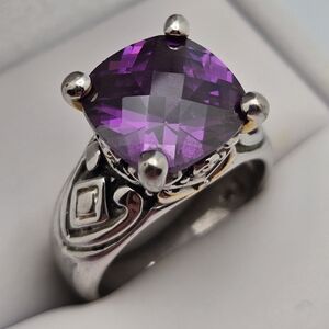 Dark Purple Checkered Silver Tone Statement Ring Size 8